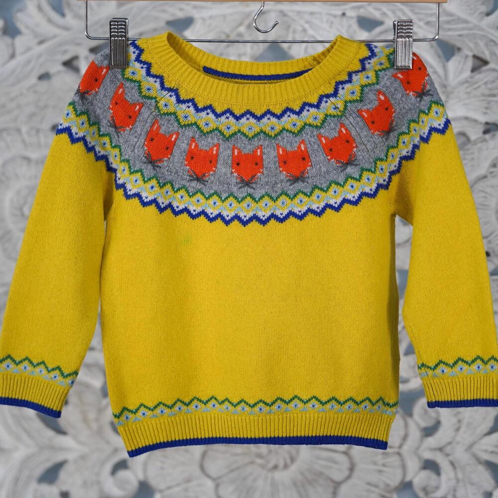 Mini Boden 3–4Y Kids Yellow Fox Fair Isle Sweater Cotton Wool Alapaca Blend
